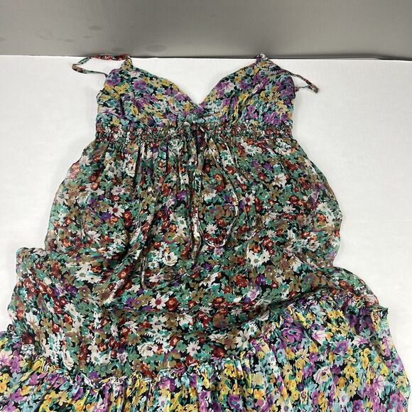Miss Me Silk Maxi Dress M Boho Cottagecore Ruffle Spaghetti Strap Floral Flowy - Picture 3 of 10